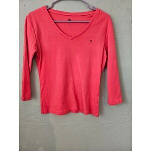 Tommy Hilfiger Women Coral V Neck 3/4 Sleeve Casual T Shirt Top M